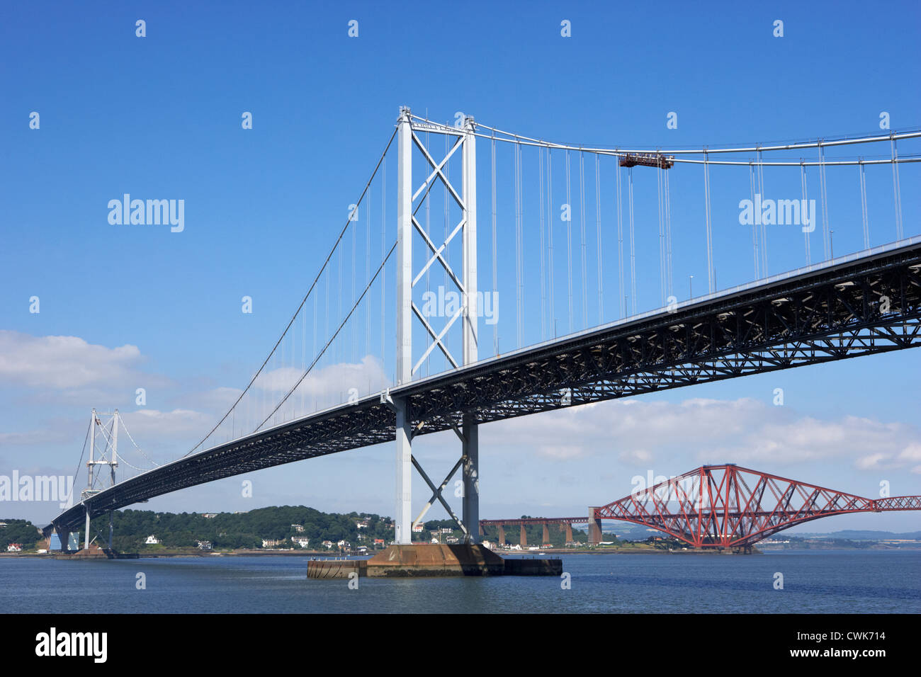 firth of forth bridges forth road bridge in foreground rail bridge in background scotland uk united kingdom Stock Photo