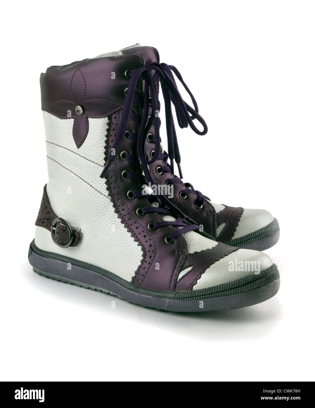 High white leather childrens boots isolated on white Stock Photo - Alamy