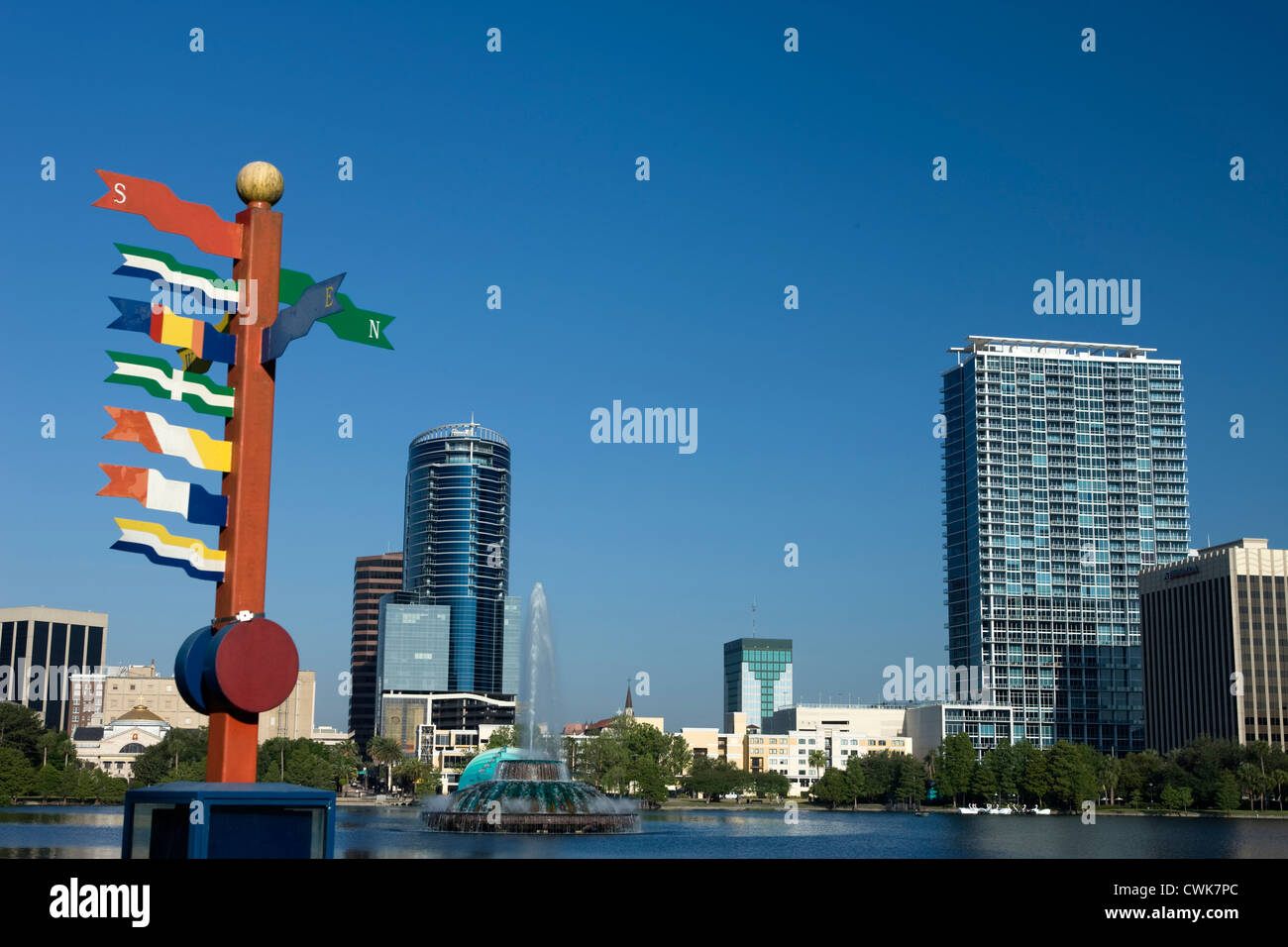 COMPASS DIRECTION SIGNPOST DOWNTOWN SKYLINE LAKE EOLA PARK ORLANDO FLORIDA USA Stock Photo