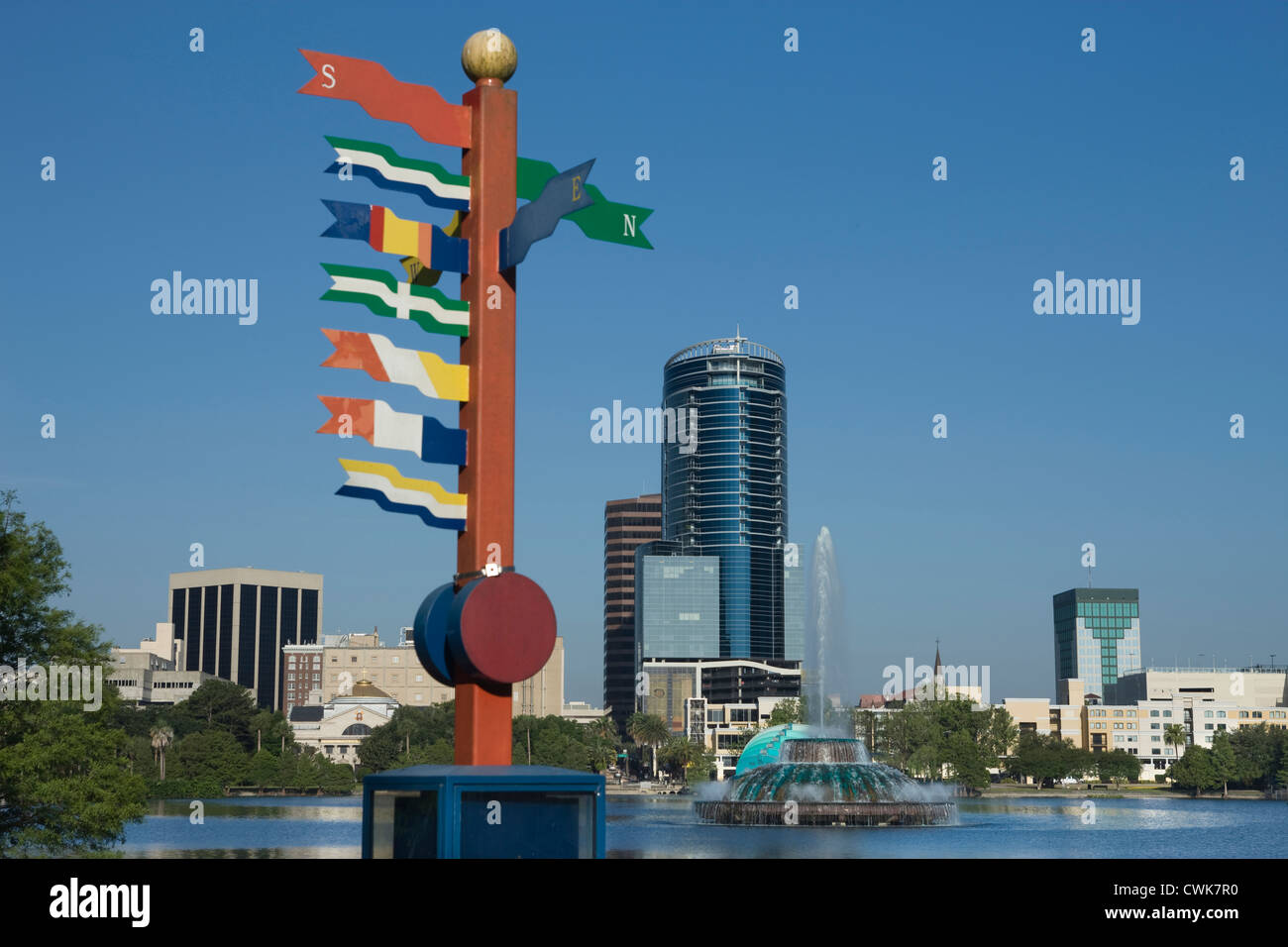 COMPASS DIRECTION SIGNPOST DOWNTOWN SKYLINE LAKE EOLA PARK ORLANDO