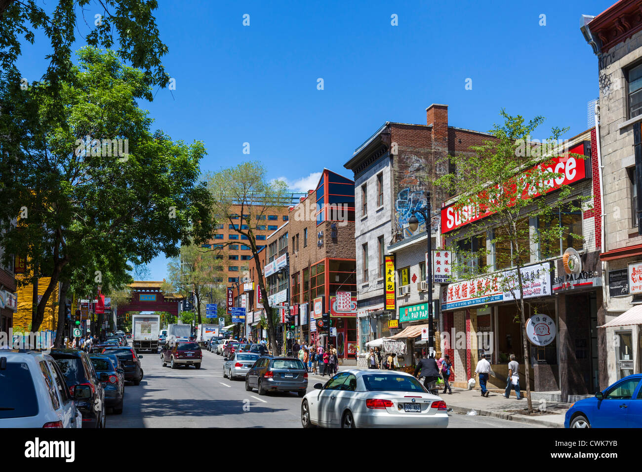 Shops and restaurants on Boulevard Saint-Laurent, Chinatown, Montreal, Quebec, Canada Stock Photo