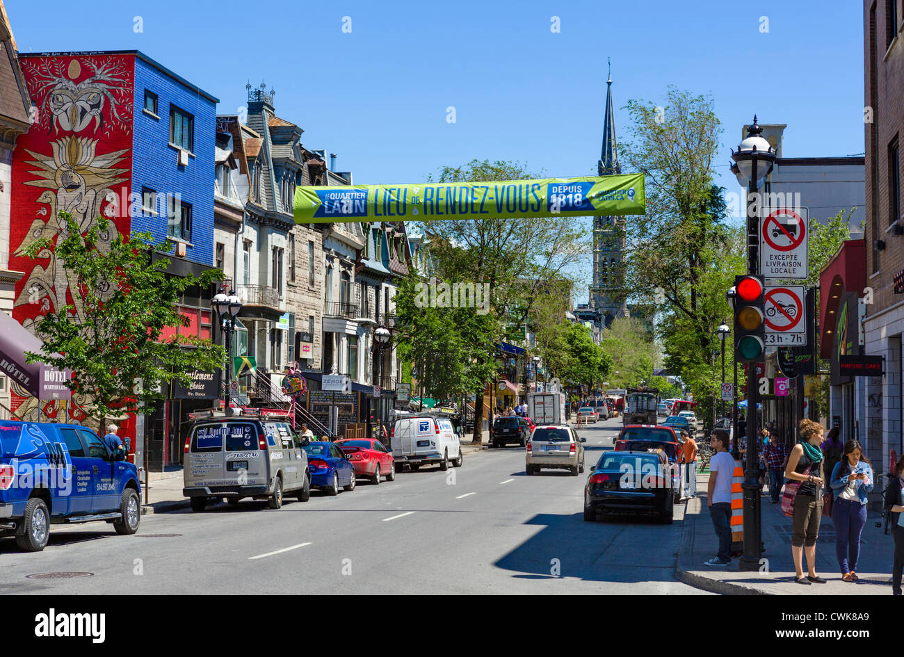 Rue Saint-Denis in the Quartier Latin (Latin Quarter), Montreal, Quebec, Canada Stock Photo