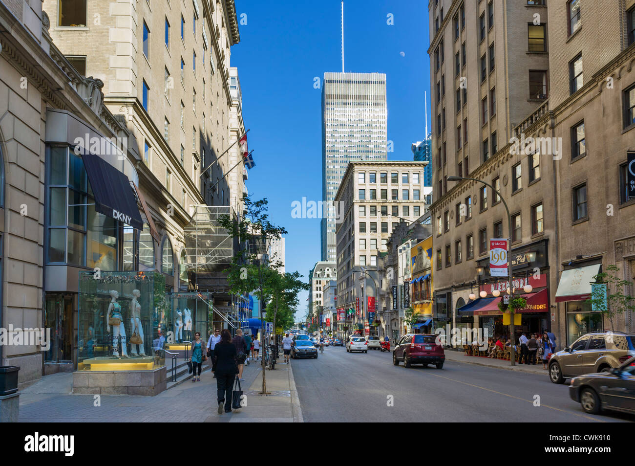 Shops on Rue Peel in the downtown area, Montreal, Quebec, Canada Stock Photo
