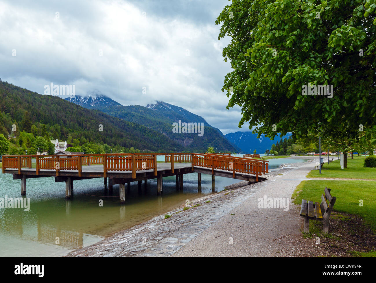 Achensee ( Lake Achen) summer landscape with wooden moorage (Austria). Stock Photo