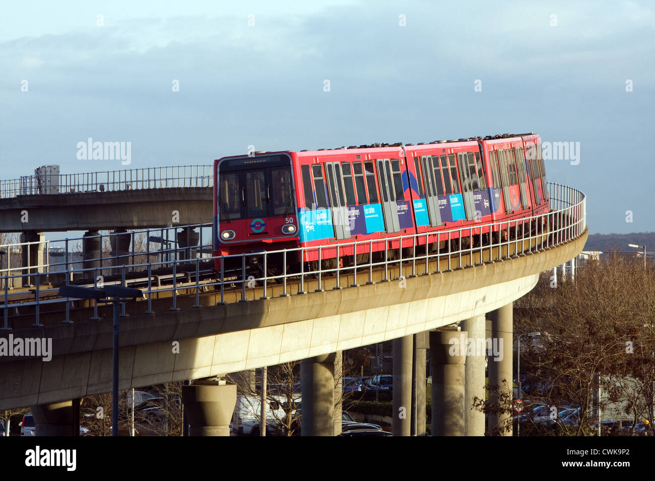 A Docklands Light Railway train approaches ExCeL in East London Stock Photo
