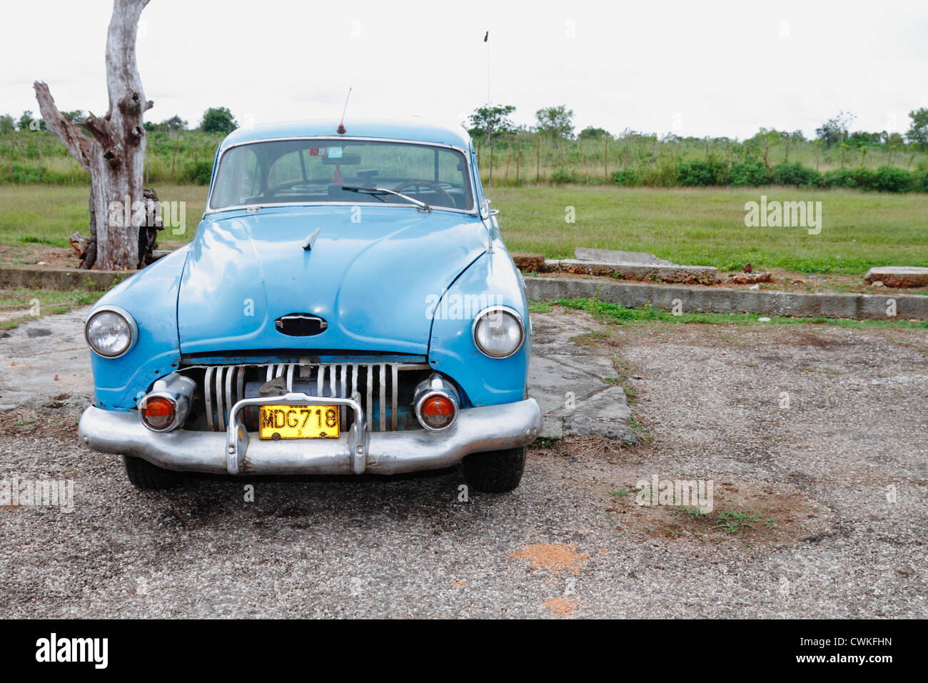 Blue color old classical American car in Cuba Stock Photo