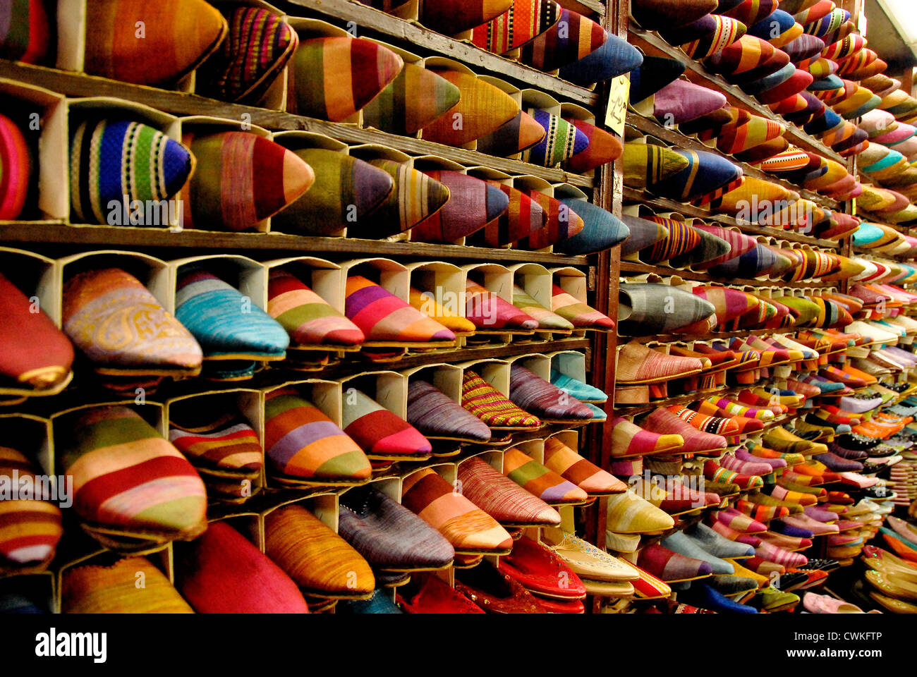 Brightly coloured traditional Moroccan slippers (babouches) in slipper  souk, Marrakech, Morocco Stock Photo - Alamy