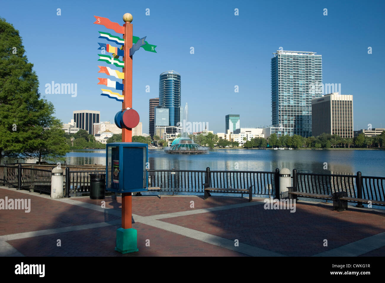 COMPASS DIRECTION SIGNPOST DOWNTOWN SKYLINE LAKE EOLA PARK ORLANDO