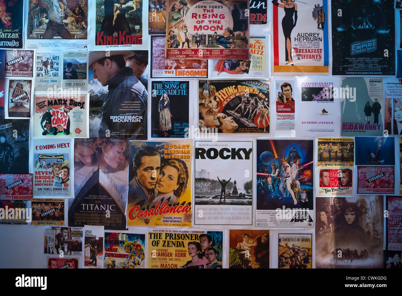 Iconic Hollywood movie posters on wall. Stock Photo