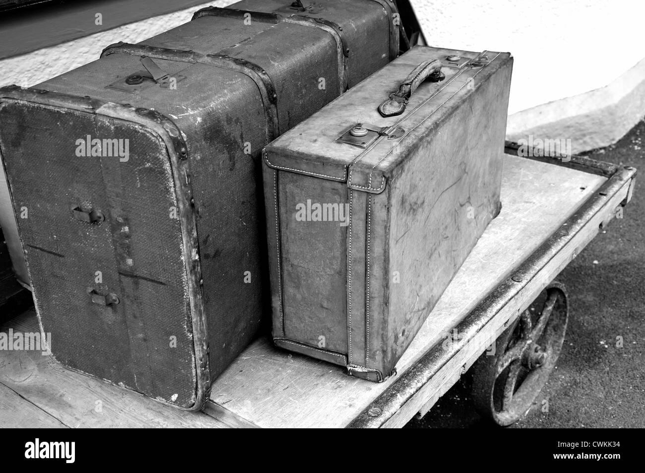 Train station luggage ready to be transported on porters bogie. Stock Photo