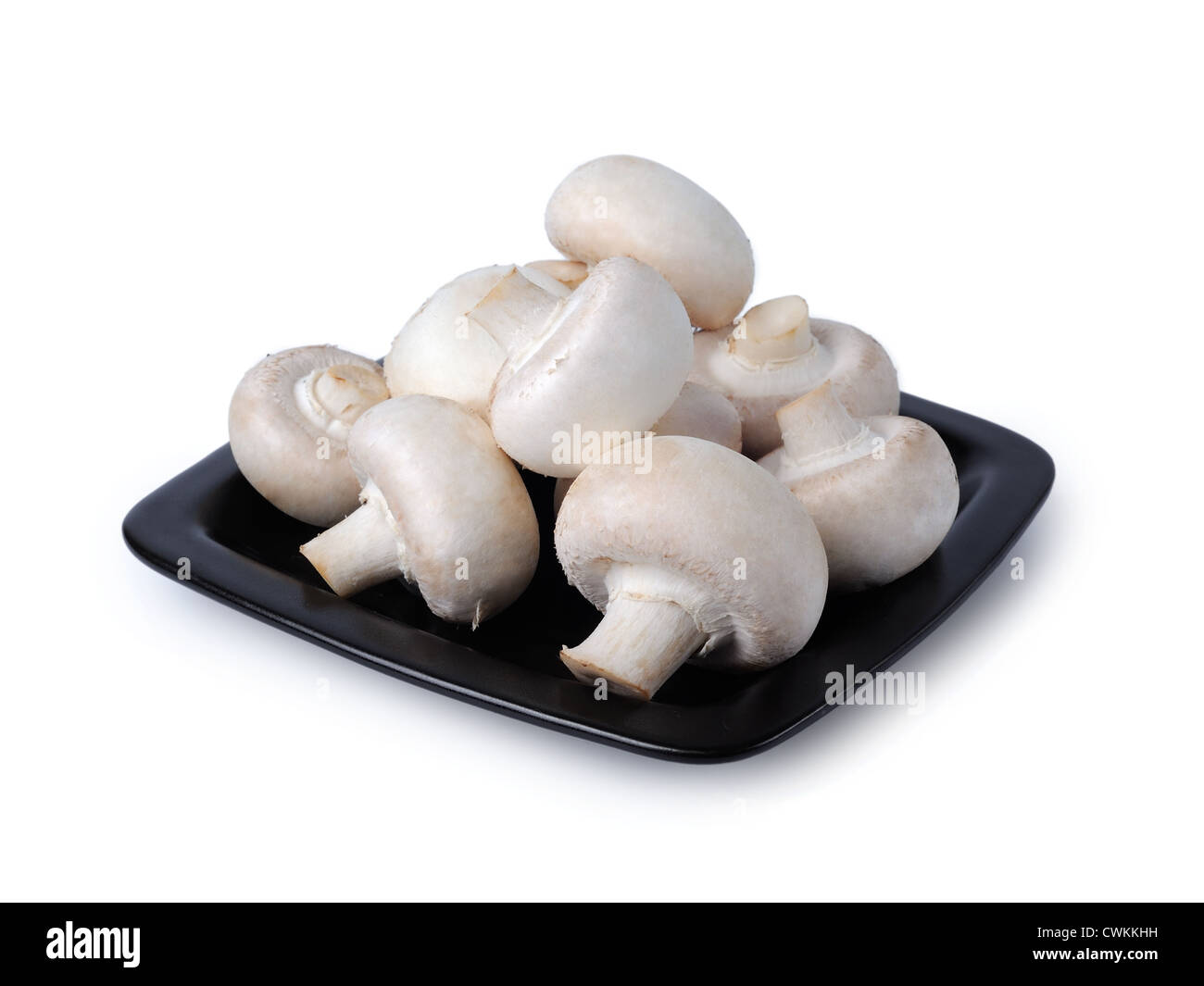 White mushrooms on a black plate isolated on white background Stock Photo