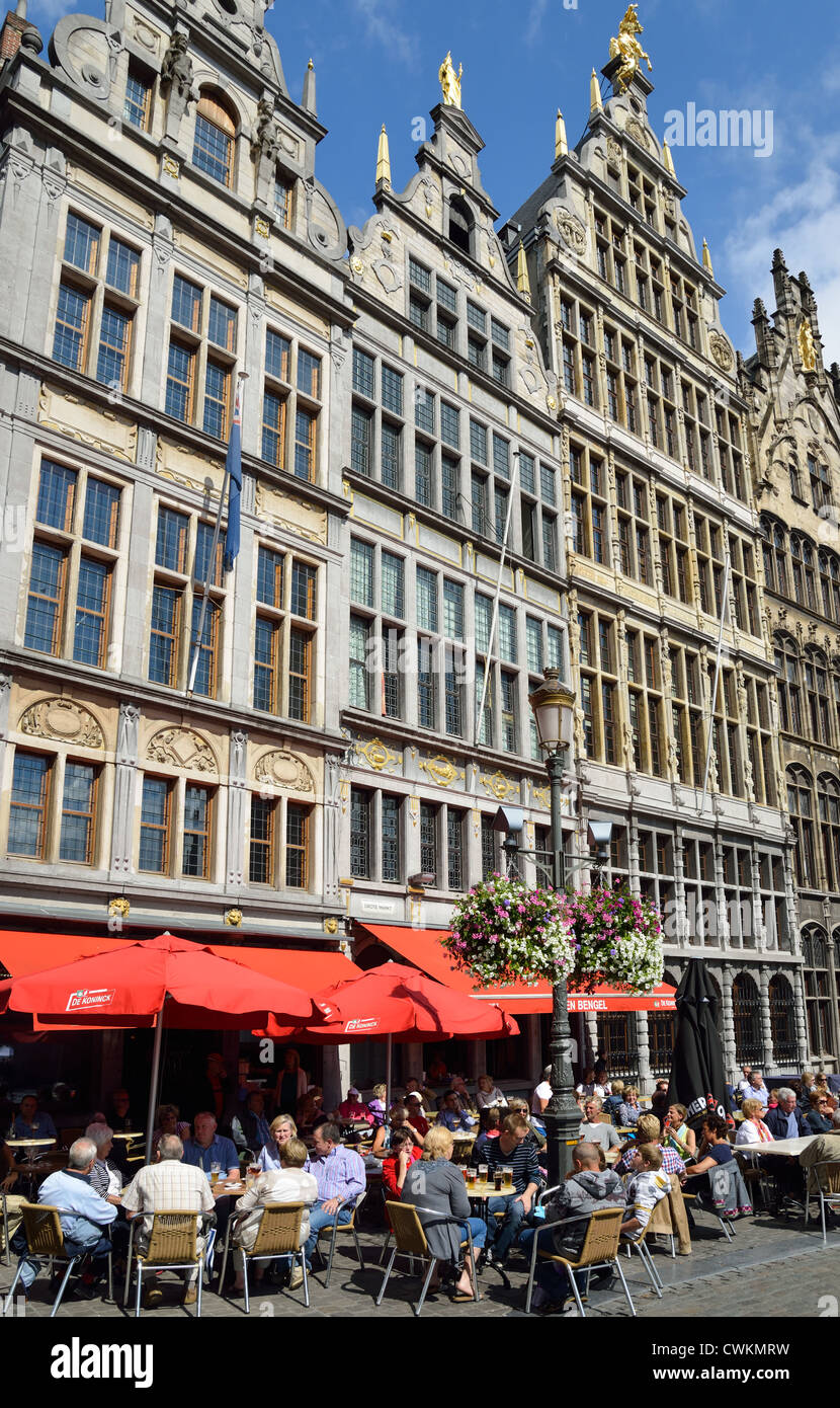 Outdoor restaurants in 16th-century Guildhouses, Grote Markt, Antwerp, Antwerp Province, The Flemish Region, Belgium Stock Photo