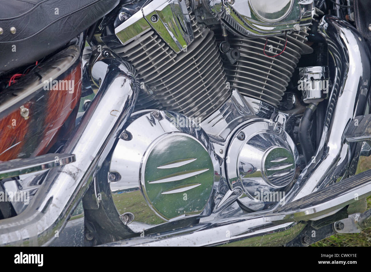 V-Twin motorcycle motor, chrome plated and polished Stock Photo