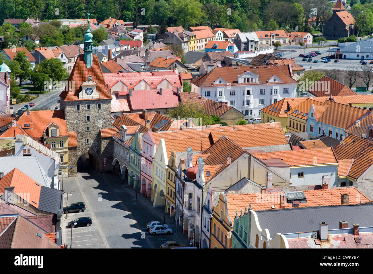 Historicke Mestanske Domy A Vychodni Brana Mirove Namesti Domazlice Ceska Republika Stock Photo Alamy