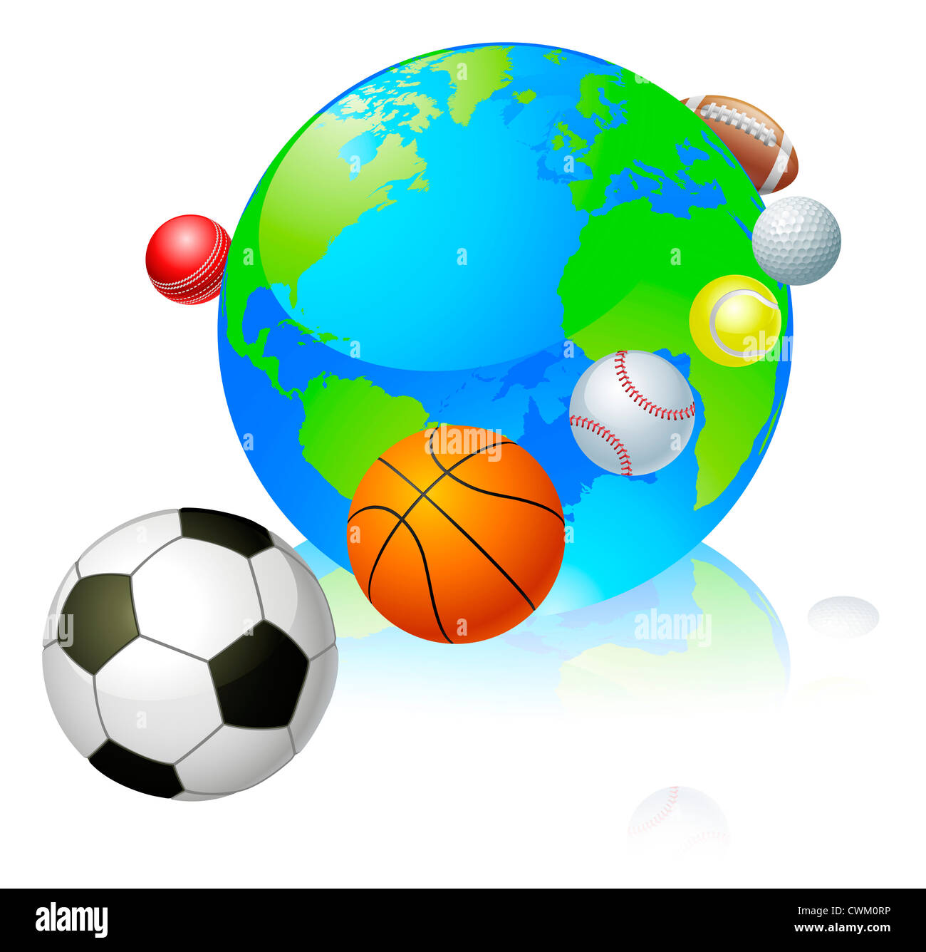 Sports globe world concept, a globe with different sports balls flying around it. Stock Photo
