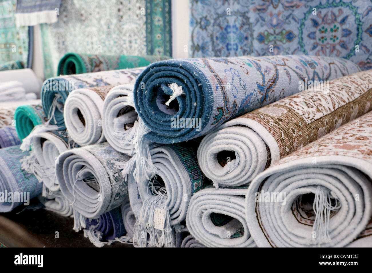 Close up view of handmade carpets in the tunisian Kairouan Stock Photo