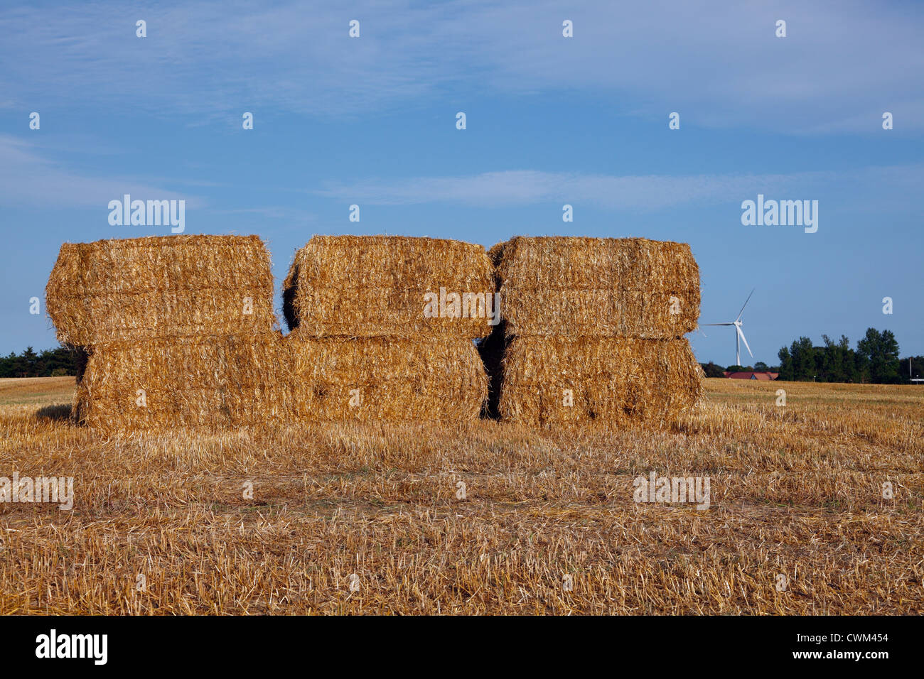 Big square straw bales on field wind turbine in the background Stock Photo
