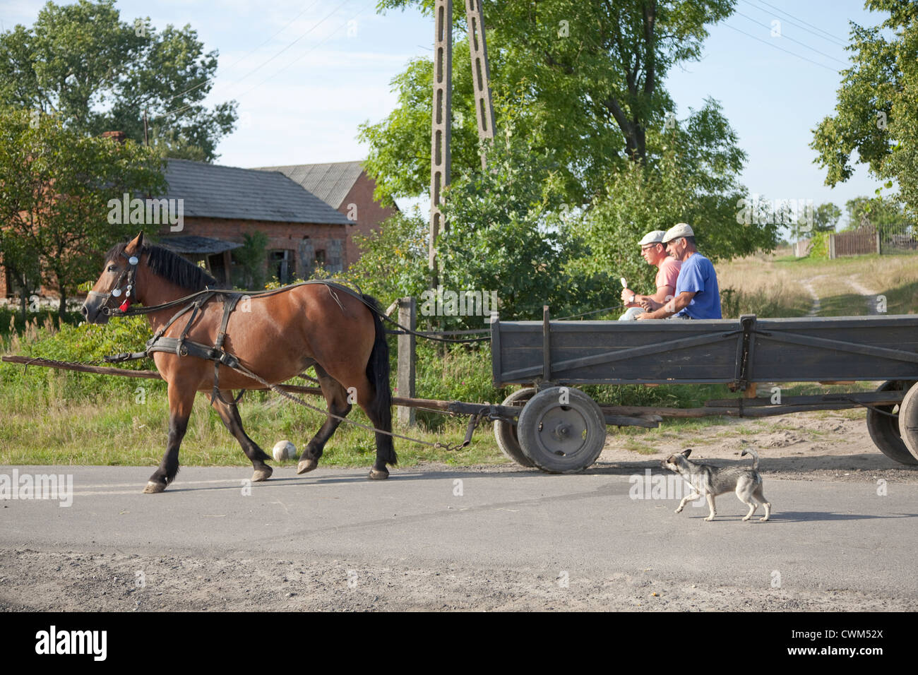 Couple of Polish gentlemen leaving country store with horse drawn wagon down village lane. Mala Wola Central Poland Stock Photo