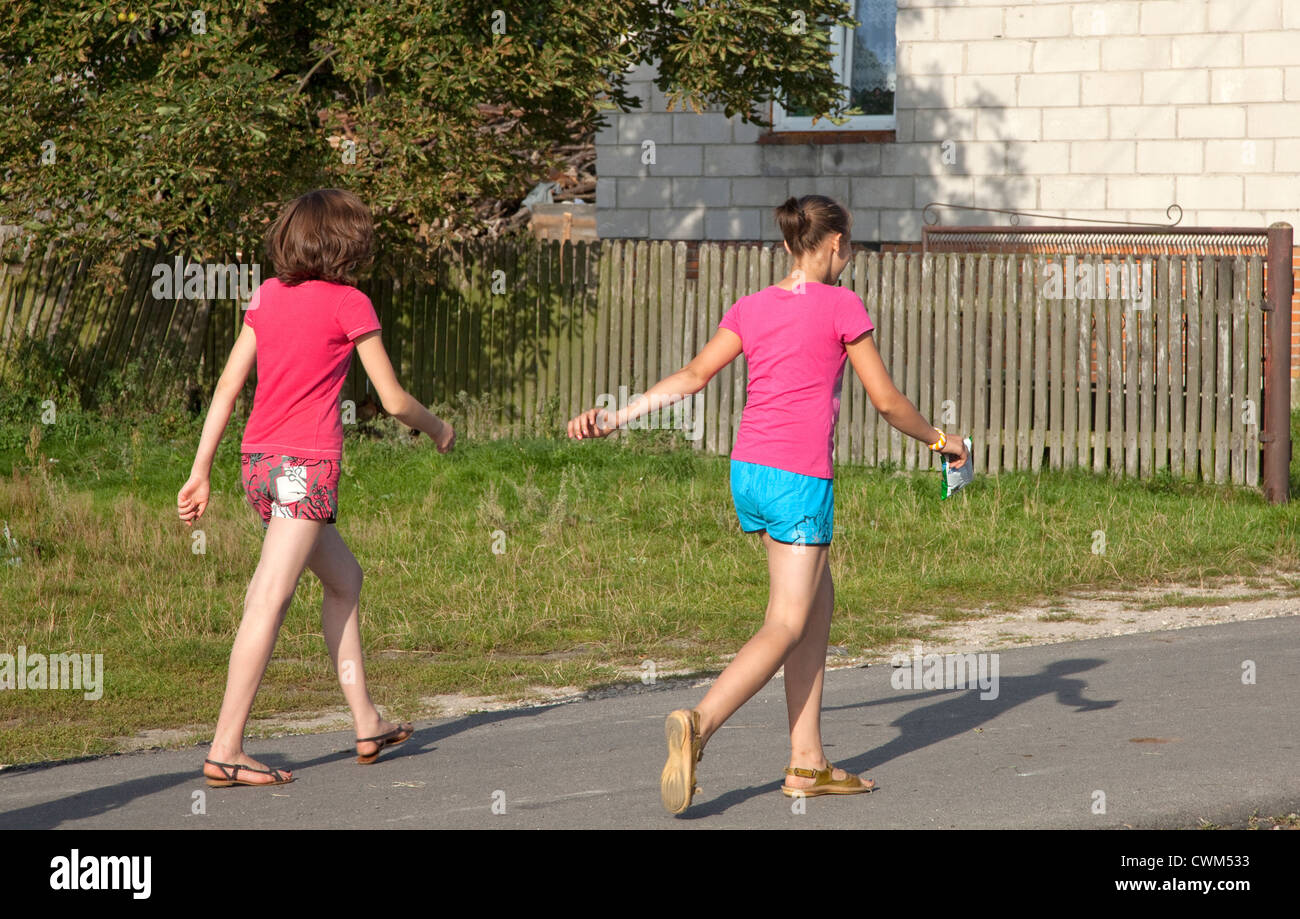 Polish Teen Girls Walking Down Village Street Mala Wola