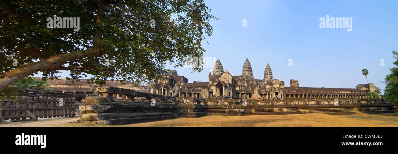 Horizontal panoramic (2 picture stitch) view of the East entrance to the main temple at Angkor Wat Stock Photo