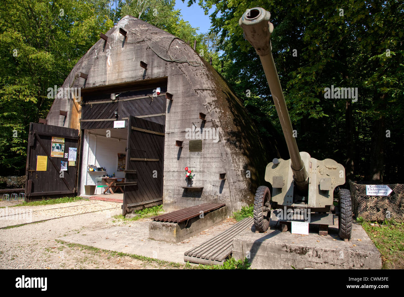 Entrance to Hitler's Bunker guarded by D-48 anti-tank 85mm caliber cannon. Konewka Central Poland Stock Photo
