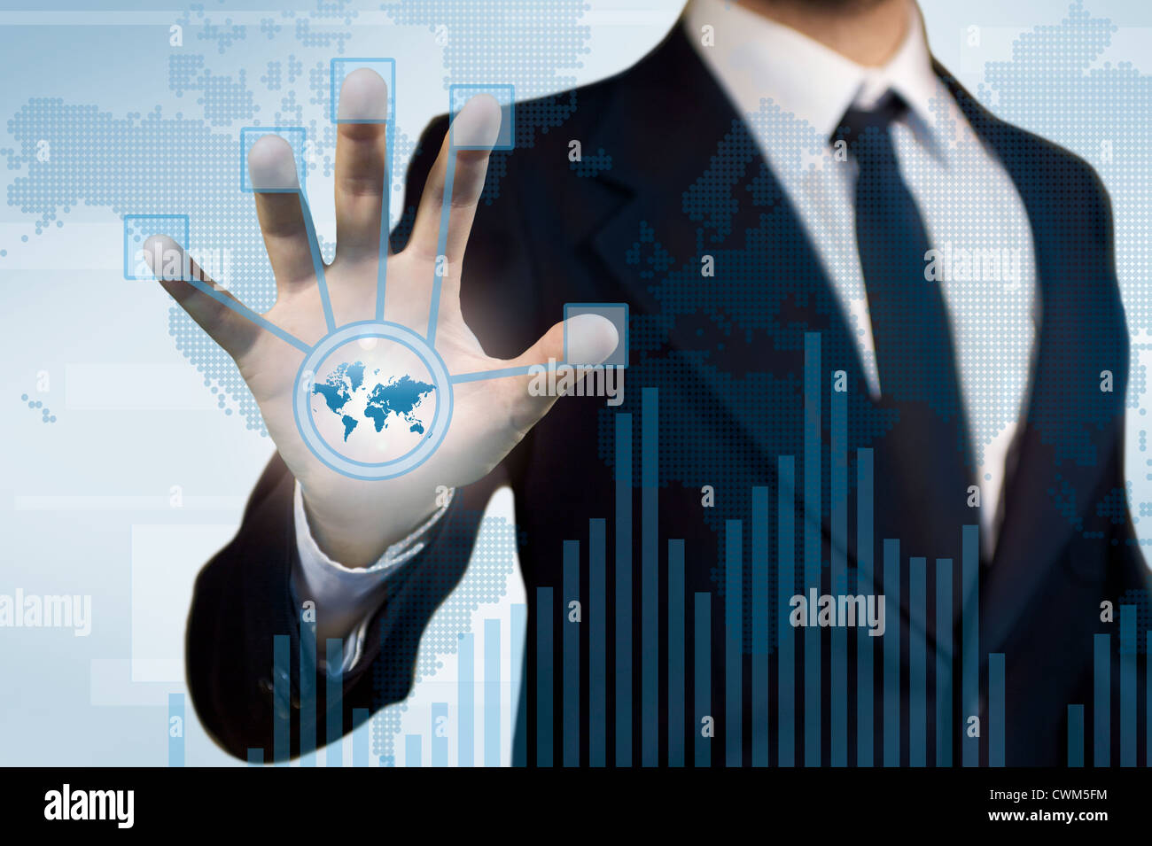 Digital technology for the business application, a business man using a touchscreen for finace purpose, diagram and histogram Stock Photo