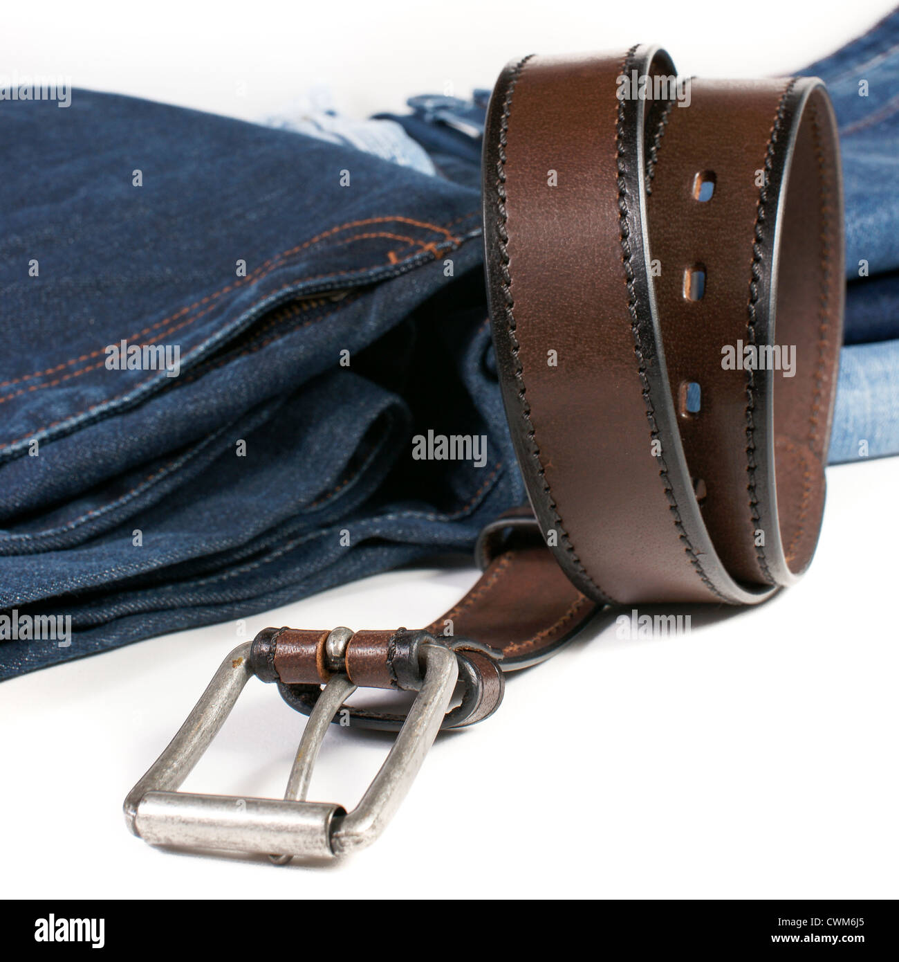 Brown leather belt and blue jean Stock Photo Alamy