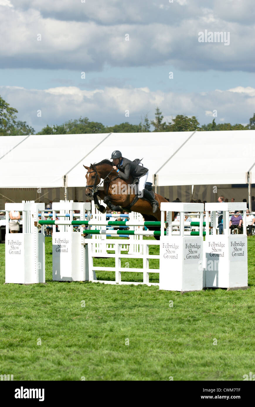 A clear jump for horse and rider in the Area Trial Show Jumping competition at the Edenbridge and Oxted Agricultural Show Stock Photo
