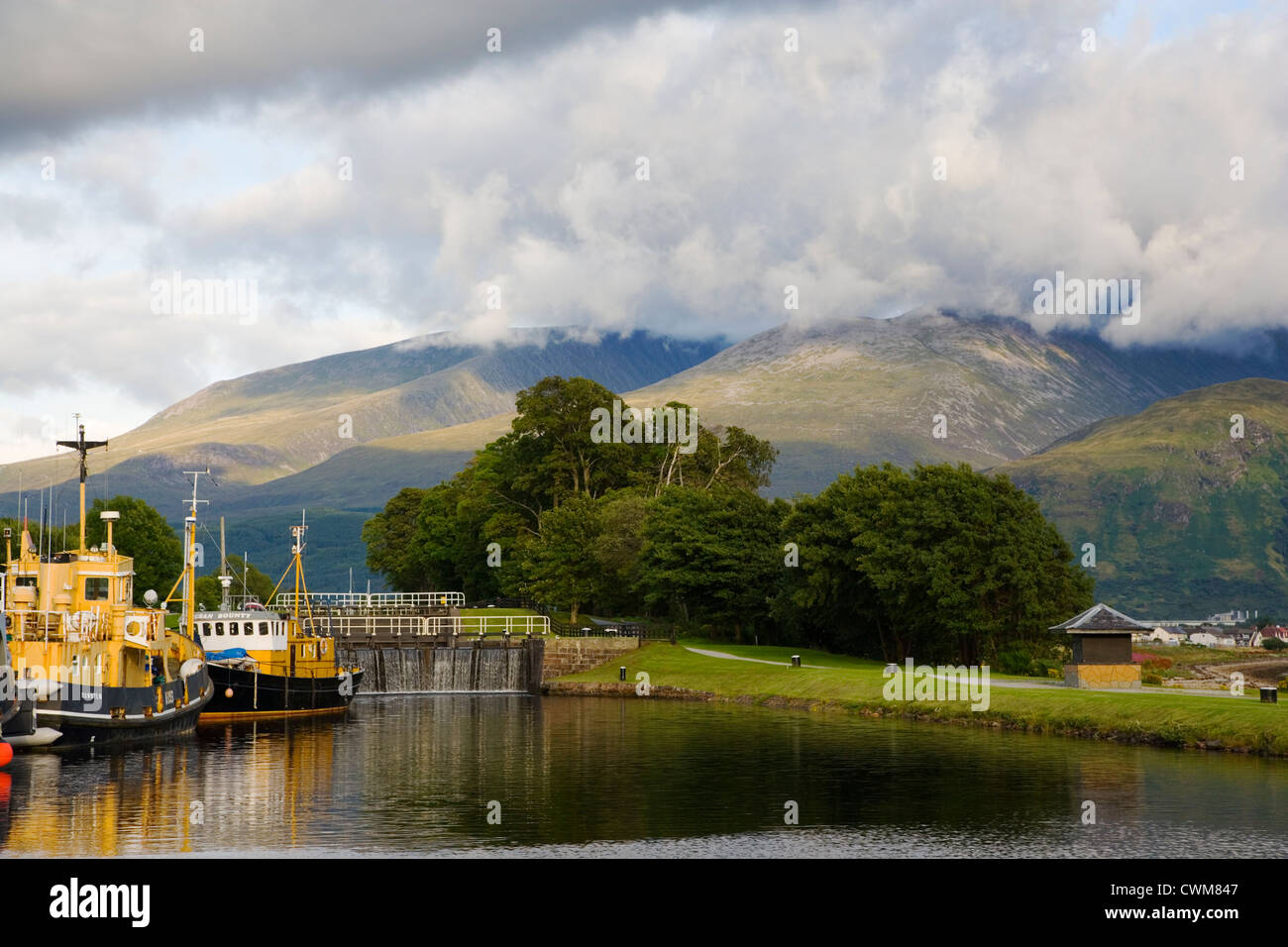 Boats moored on the Caledonian Canal at Corpach near Fort William;Inverness-shire;Scotland Stock Photo