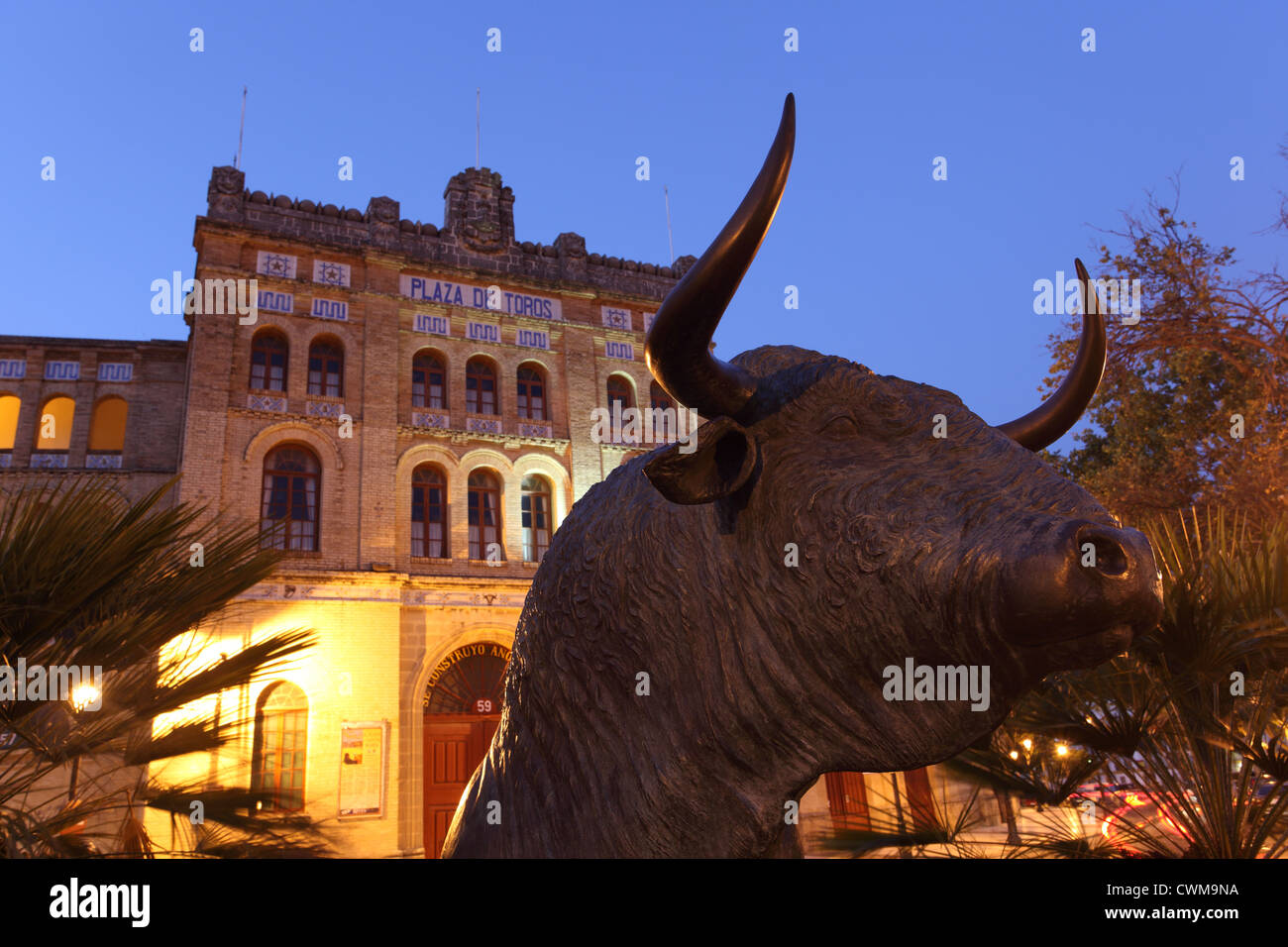 Bull statue in front of the Plaza de Toros. El Puerto de Santa Maria, Andalusia Spain Stock