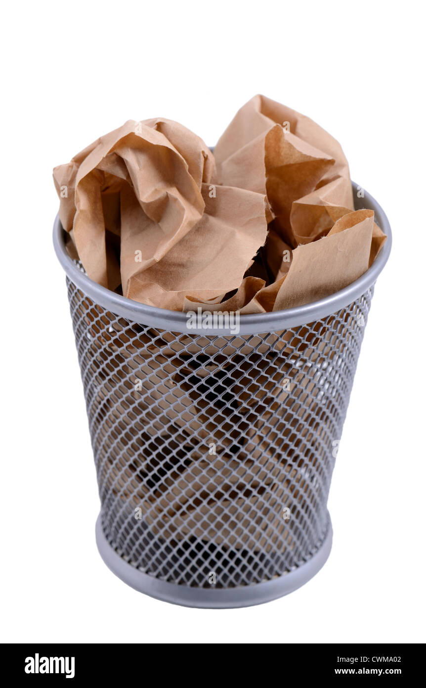 waste bin with crumpled brown paper Stock Photo