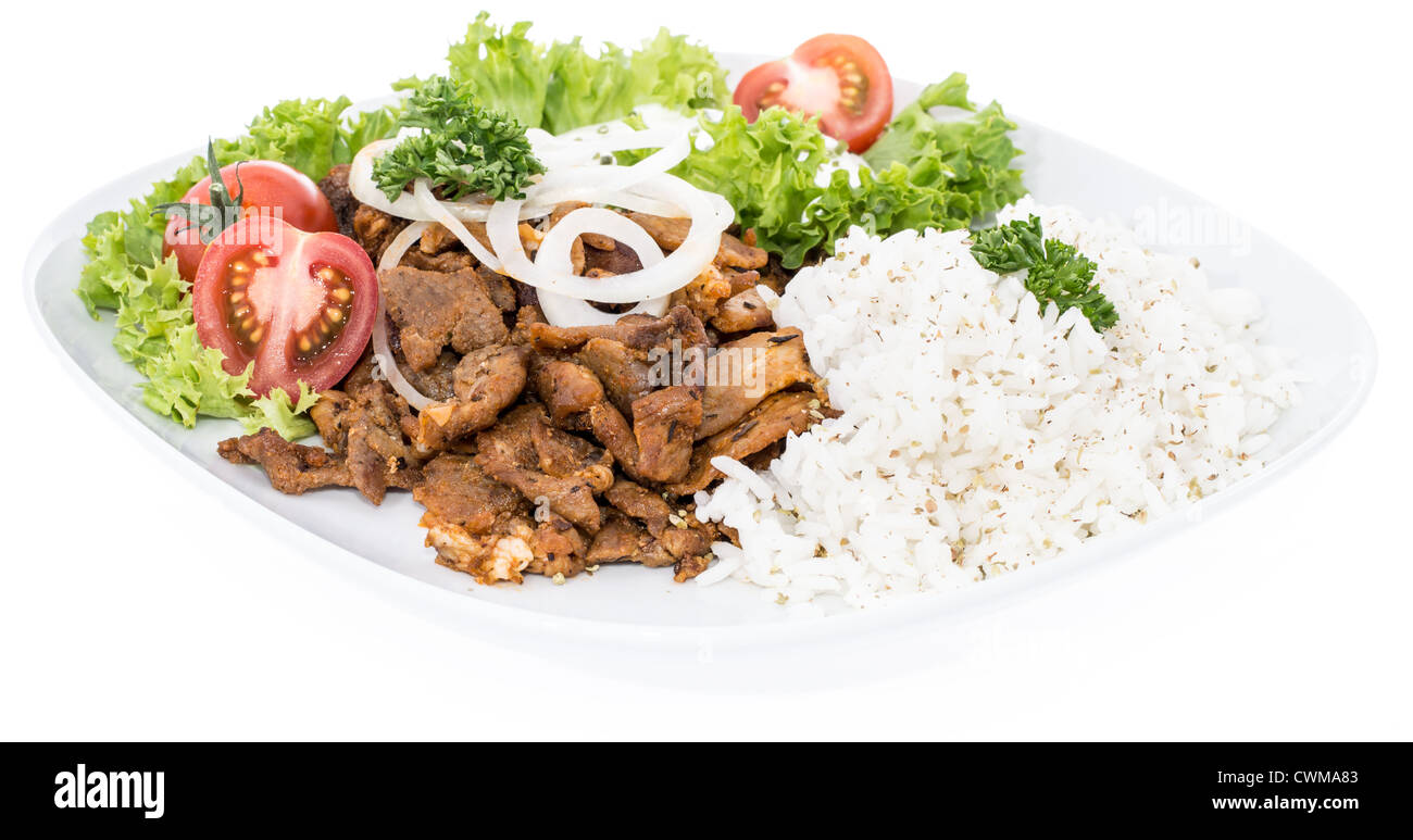 Plate with Kebab and Rice isolated on white Stock Photo Alamy