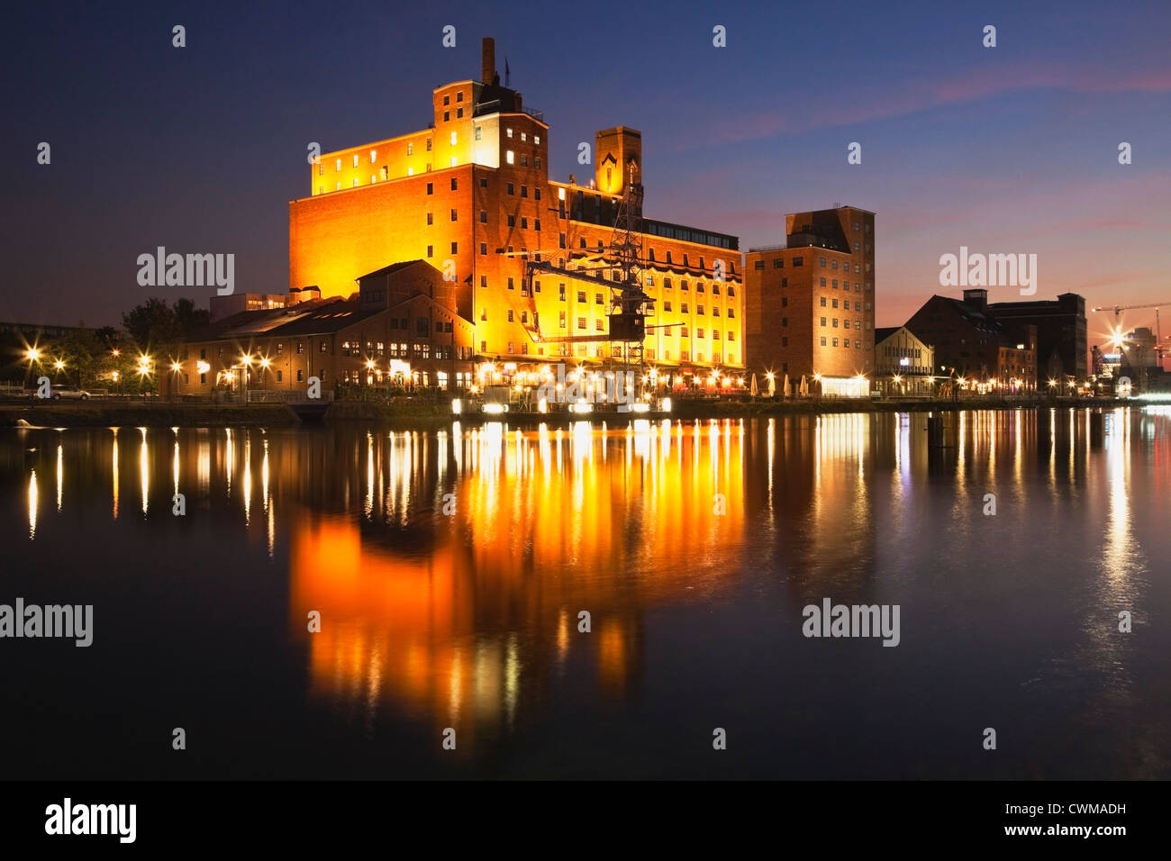 Europe, Germany, North Rhine Westphalia, View of Duisburg Inner Harbour with Werhahnmuhle Stock Photo