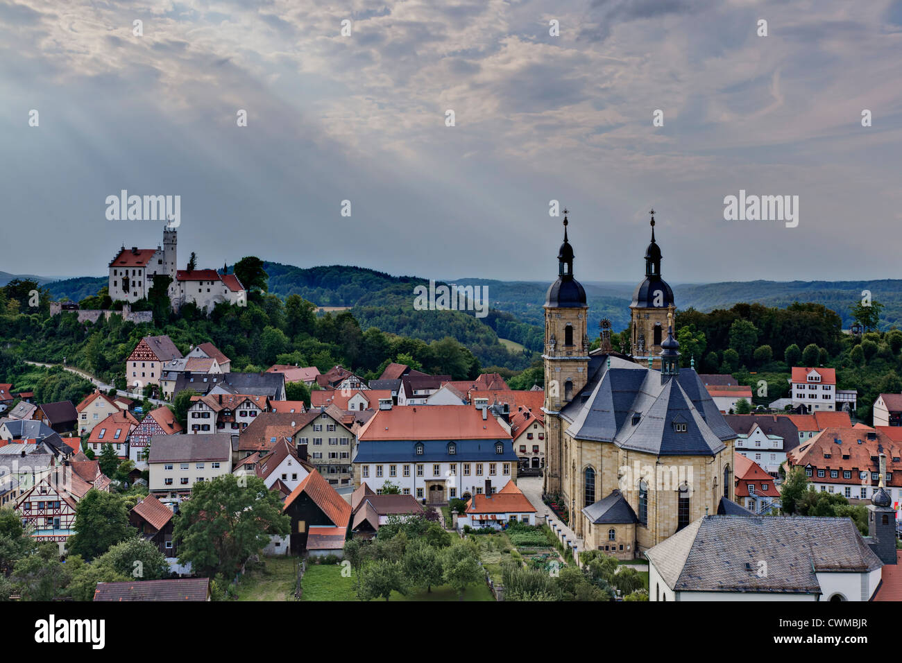 Germany, Bavaria, View of Goessweinstein Basilica and Castle Stock Photo