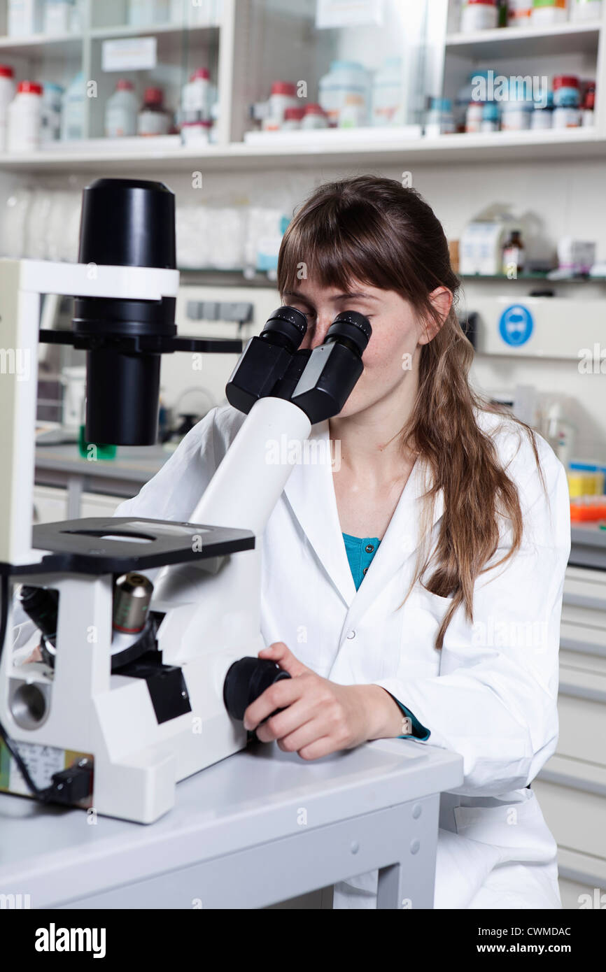 Germany, Bavaria, Munich, Scientist with microscope in laboratory Stock Photo