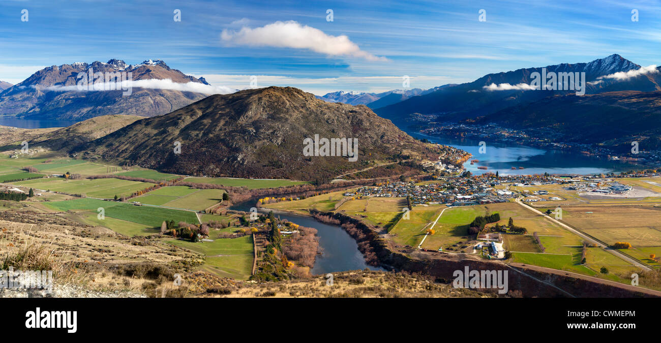 Panoramic view of Queenstown and the Remarkables, New Zealand Stock Photo