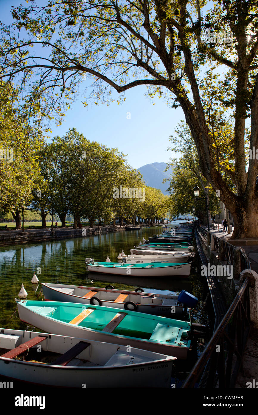 Annecy French Savoy boats lined in the canal du Vassé Stock Photo