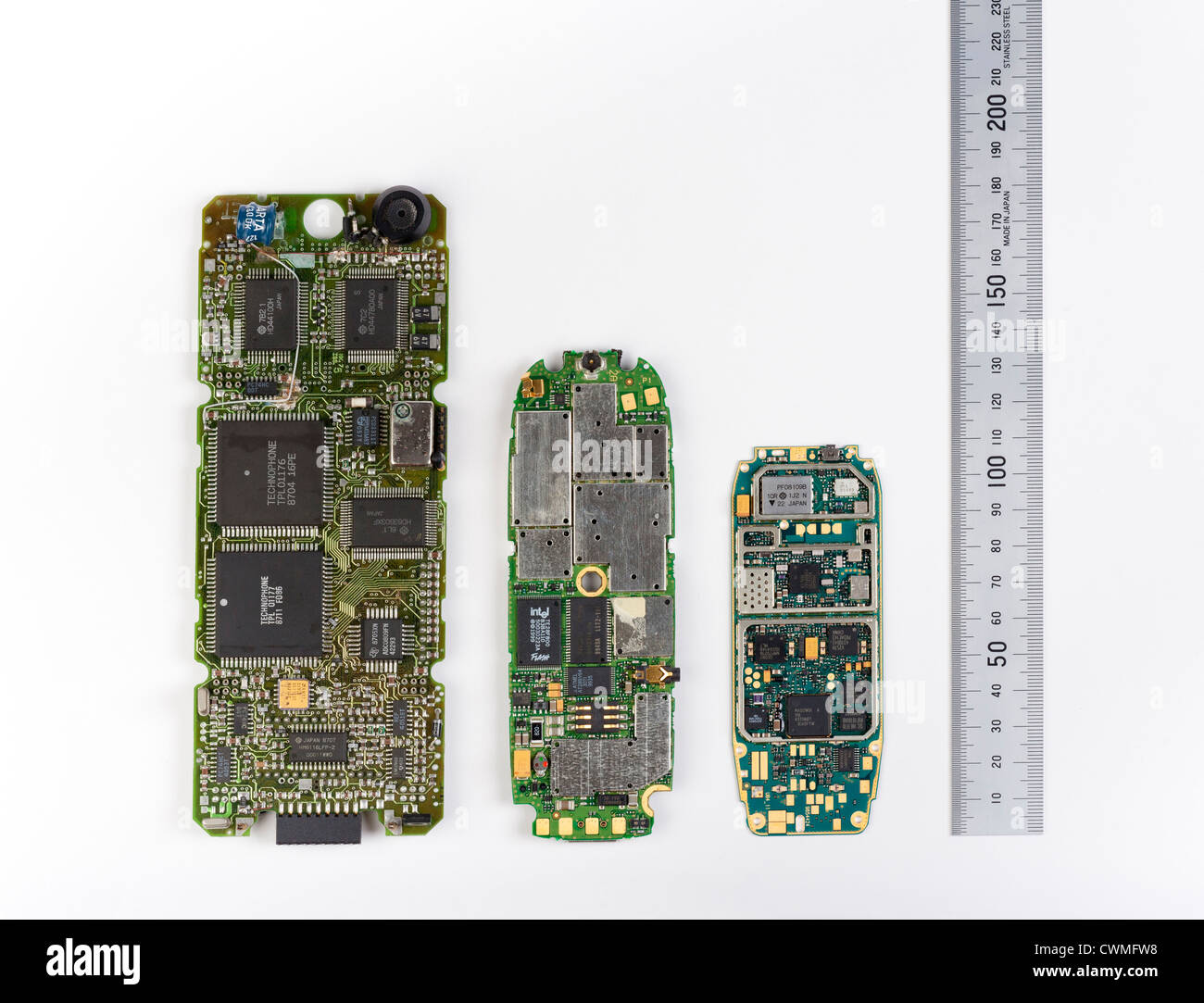 circuit boards from various mobile phones Stock Photo