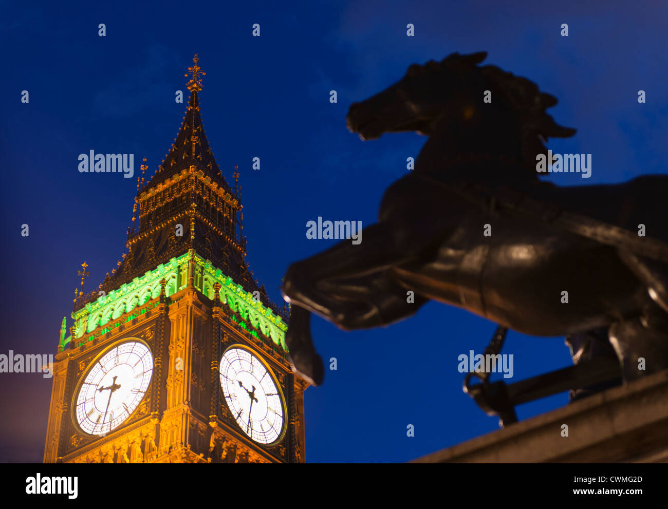 UK, London, Big Ben and horse statue Stock Photo Alamy