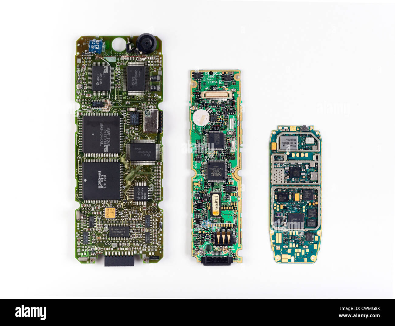 circuit boards from various mobile phones Stock Photo