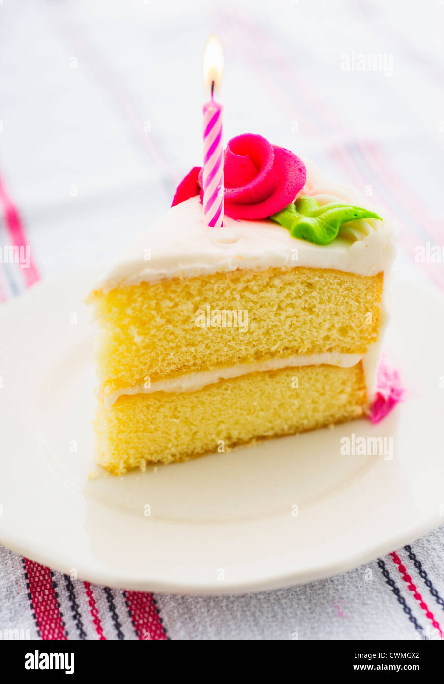 Slice of cake with candle Stock Photo Alamy
