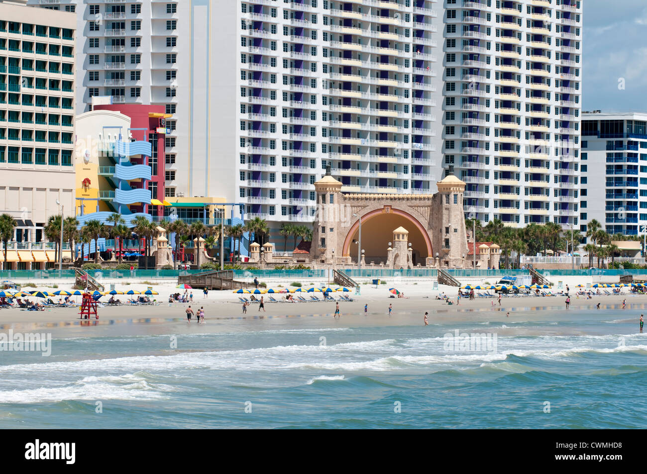 Daytona Beach, Florida, U.S.A. - June 18, 2012: View of hotels and condominiums with beach activity on Daytona Beach, Florida, J Stock Photo