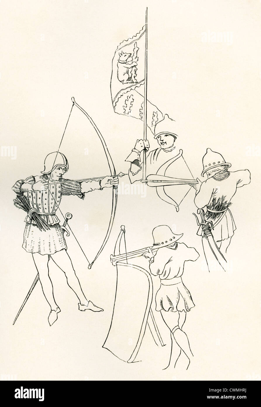 From left clockwise, an archer, the Standard of Richard, Earl of Warwick, a crossbow man and a Pavoiser. Stock Photo