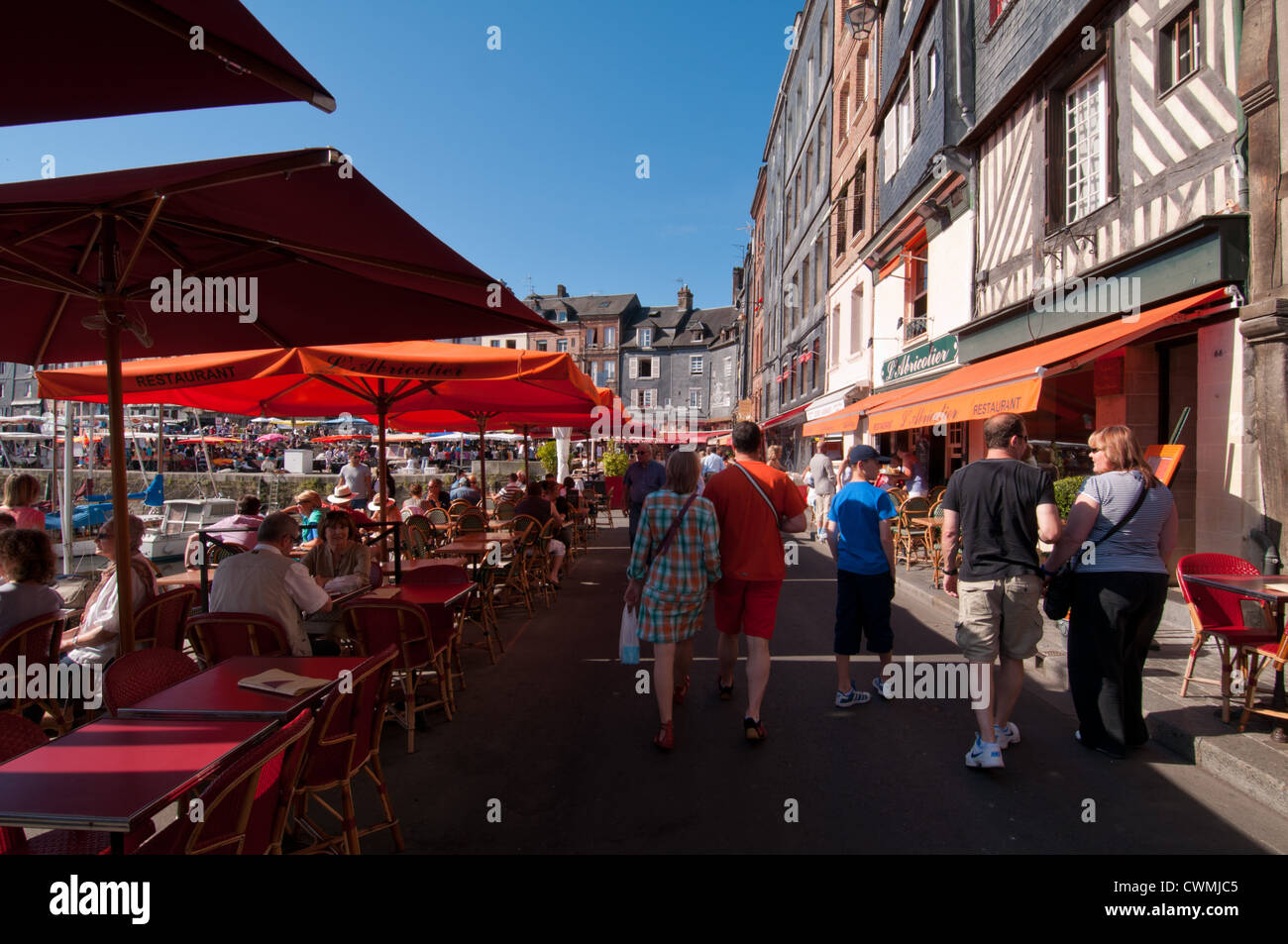 Restaurants and cafes on Quai Sainte-Catherine by Honfleur Old Dock, Basse-Normandie, France. Stock Photo