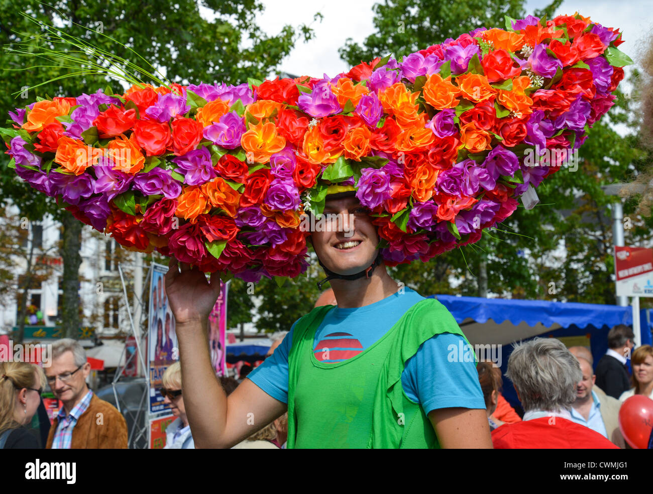 Floral costume during Cultuur Markt, Groenplaats, Antwerp, Antwerp Province, The Flemish Region, Belgium Stock Photo