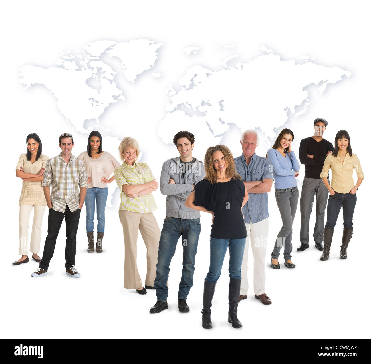 Multi-racial mixed race group of people posing together, world map in background Stock Photo