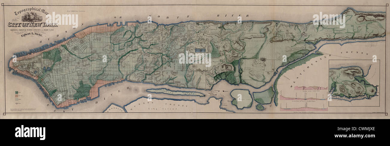 Topographical map of the City of New York Showing original water courses and made land Stock Photo