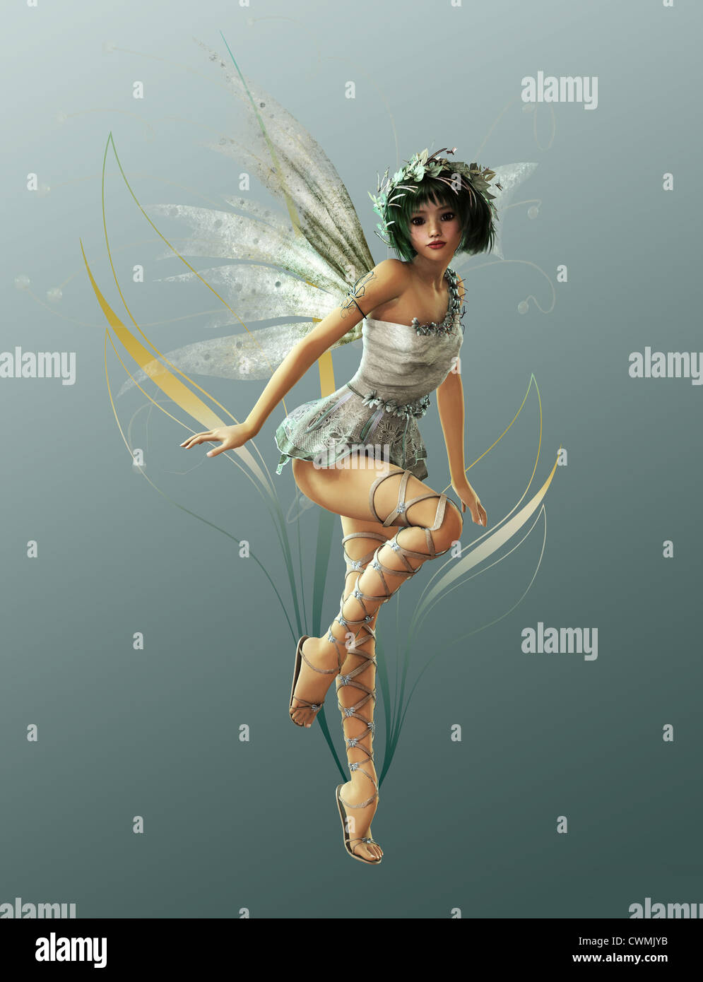 A charming fairy with wreath and wings Stock Photo