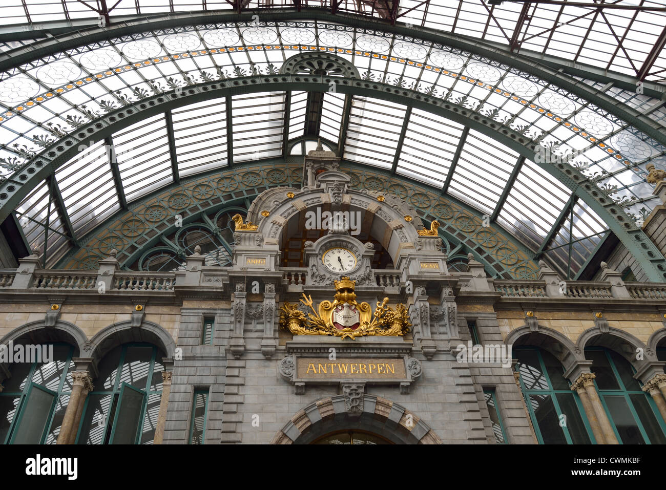 Interior clock in Antwerpen-Centraal railway station, Antwerp, Antwerp Province, The Flemish Region, Belgium Stock Photo