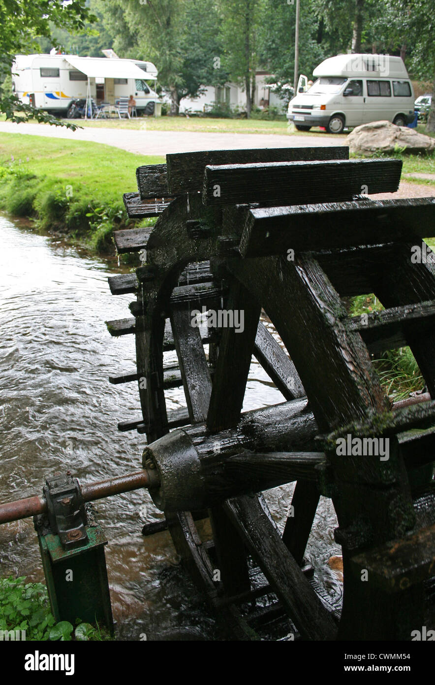 The waterwheel at Camping Clausensee, Clausen Lake, Waldfischbach-Burgalben, Palatinate Forest, Rhine Valley, Germany Stock Photo